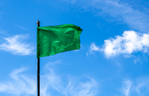 Green flag against a blue sky